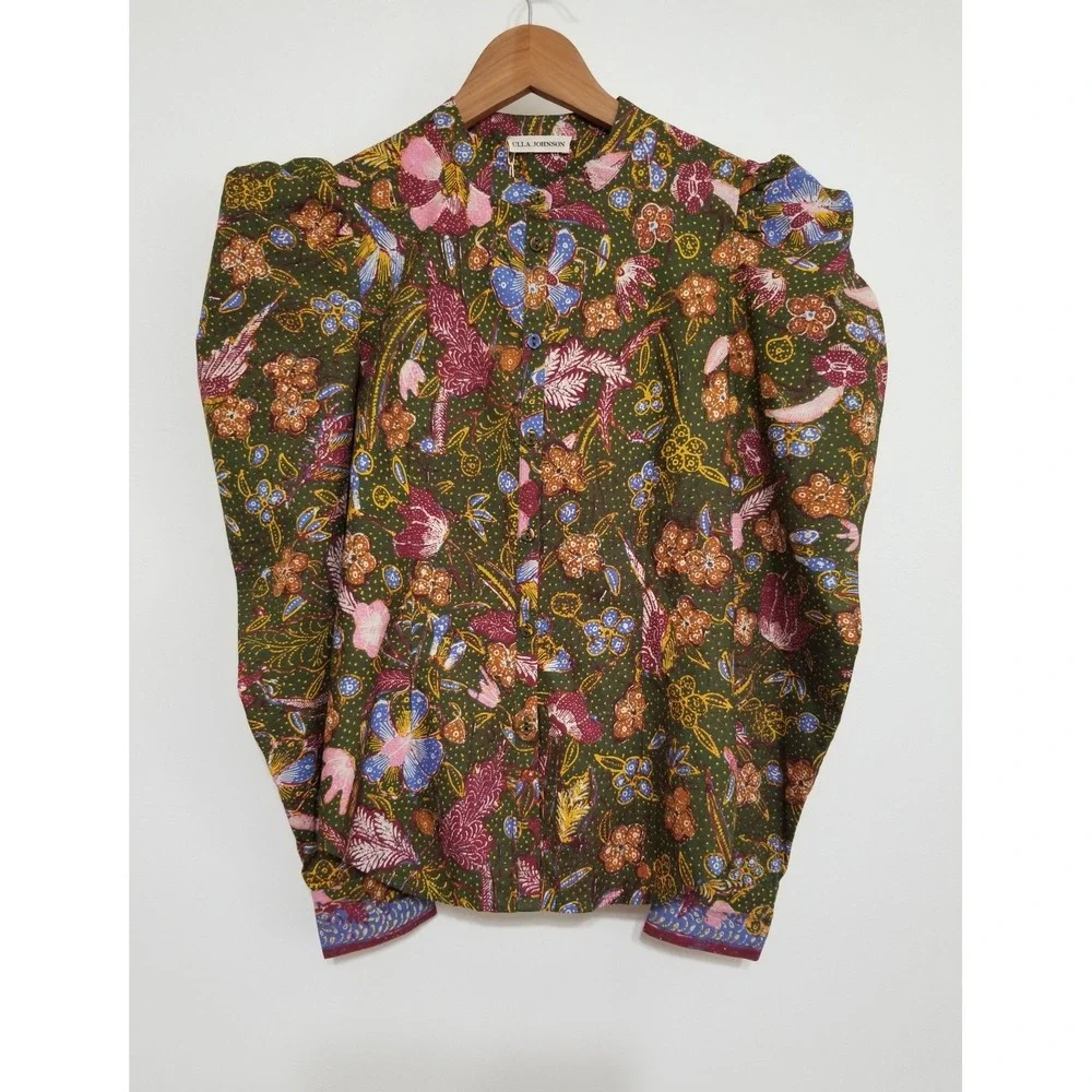 Ulla Johnson Willa Puff Sleeve 100% Cotton Blouse Pine Green Floral Size 0 $275